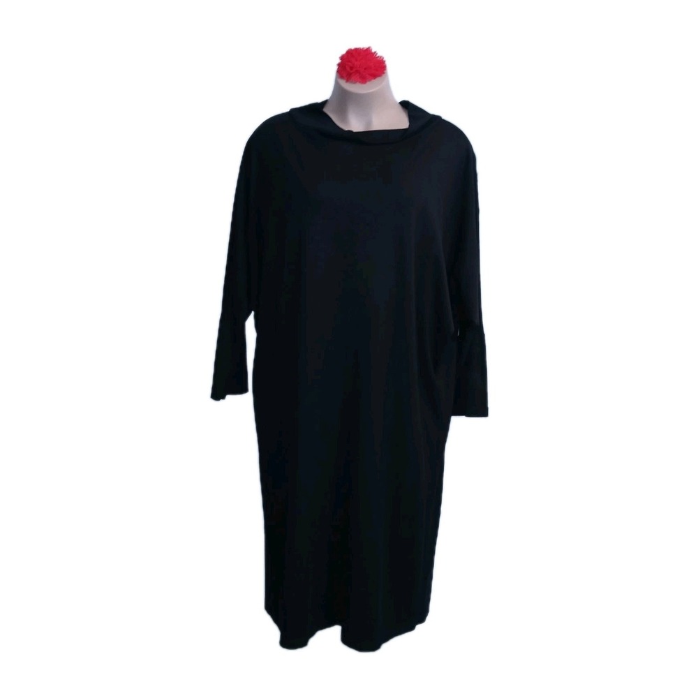 Bryn Walker IIse Dolman Midi Dress 1X Black Women Minimalist Lagenlook Drape